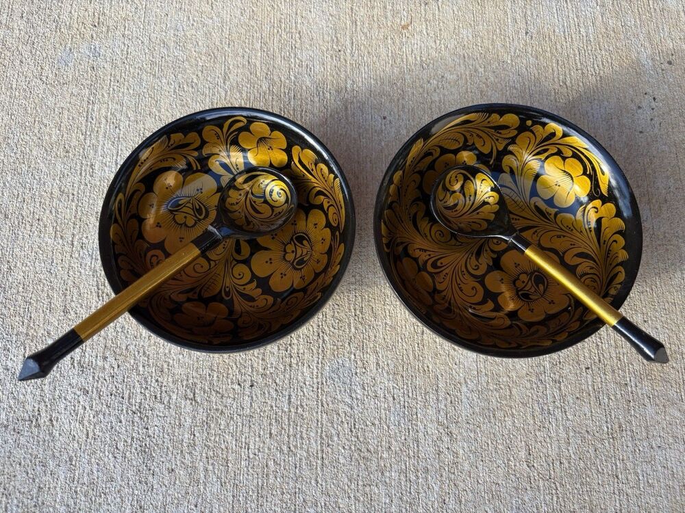 Vintage USSR Russian Khokhloma Set of 2 Bowl & Spoon Handpainted Lacquer Wood 5"